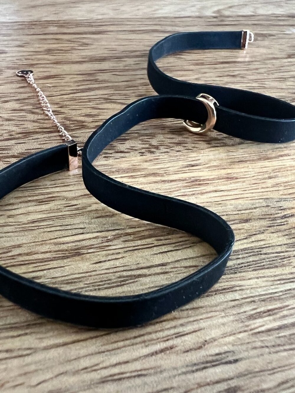 Real Black Leather Choker with 18K Rose Gold Crescent Moon Charm and Hardware